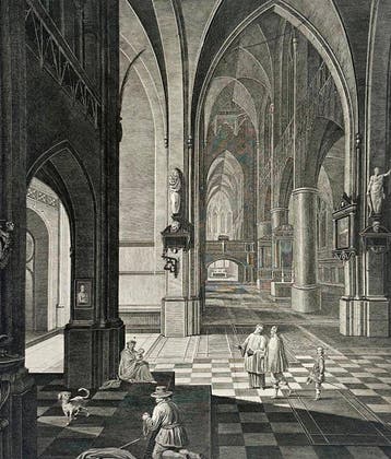 Jean-Alphonse Caquet - Vue intérieure dune église, Antiek en Kunst