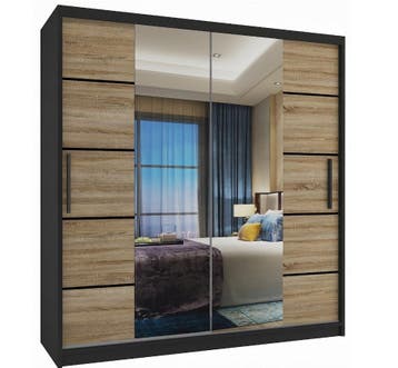 Kledingkast zwart licht eiken 158 cm breed met spiegel en..., Huis en Inrichting, Kasten | Kleerkasten, Met lade(s), 150 tot 200 cm