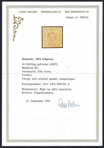 Denemarken 1854 - Wapen 16s Grijs Paars - Certificaat, Gestempeld