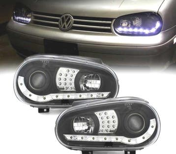PHARES LED DAYLIGHT VOLKSWAGEN VW GOLF 4 NOIR + FOND CHROMÉ, Verzenden