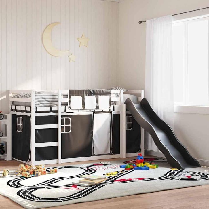 vidaXL Stapelbed met glijbaan en gordijnen 90x200 cm wit en, Maison & Meubles, Chambre à coucher | Lits, Envoi