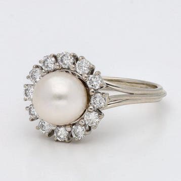 Ring - 18 karaat Witgoud Parel - Diamant