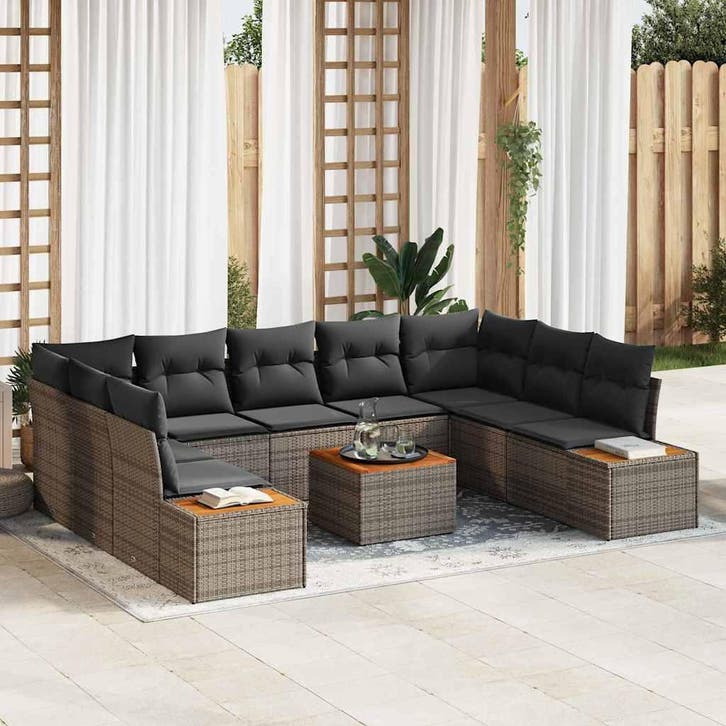 vidaXL Tuinbank Set met kussen 10 pcs Grijs Poly rattan, Tuin en Terras, Tuinsets en Loungesets, Nieuw, Verzenden