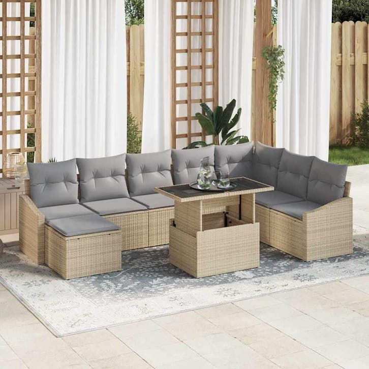 vidaXL Bankstel met kussen 9 pcs Beige en Lichtgrijs poly, Jardin & Terrasse, Ensembles de jardin, Envoi