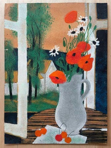 Yves Ganne (1931-2019) - Bouquet de coquelicots à la fenêtre, Antiek en Kunst