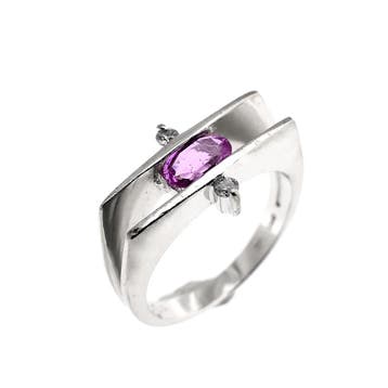 Witgouden ring met roze saffier en diamant; 0,06 ct., Handtassen en Accessoires, Ringen, Gebruikt, Ophalen of Verzenden, Kleiner dan 17
