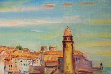 Levendig olieverfschilderij van Collioure met vuurtoren en