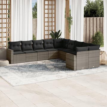 vidaXL 10-delige Loungeset met kussens poly rattan grijs, Verzenden
