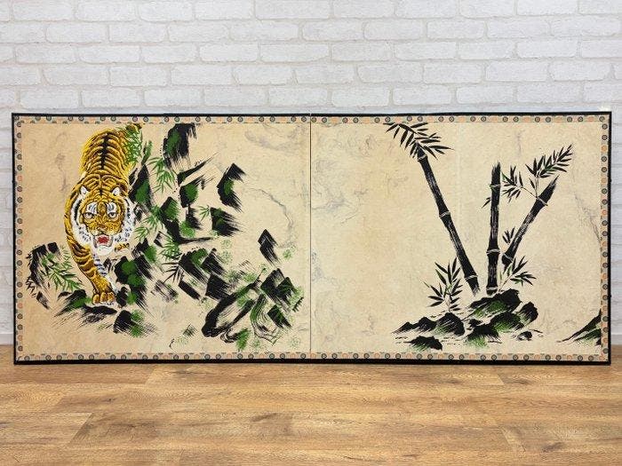 Paravent - Bois, Textile, Papier, Cuivre - Japon - paravent, Antiquités & Art, Antiquités | Autres Antiquités
