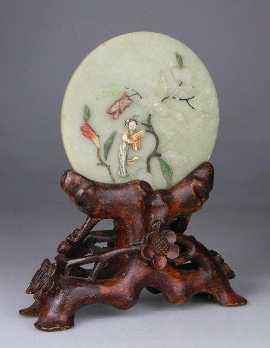 Plaque - Ecran en Pierre Dure - Socle en Bois - Marque -, Antiquités & Art, Antiquités | Autres Antiquités
