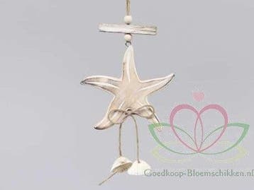 Houten deco Zeester schelpenhanger 10 cm, Nieuw