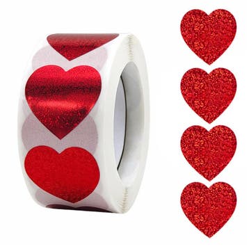 Hart Stickers Op Rol - 25 mm - Rood - Glitterprint - 500, Verzenden, Nieuw