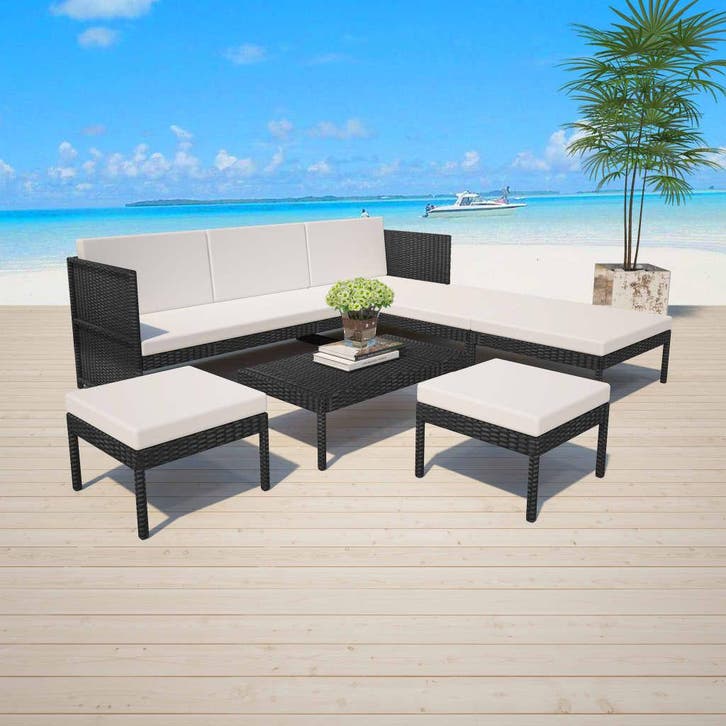 vidaXL 6-delige Loungeset met kussens poly rattan zwart, Tuin en Terras, Tuinsets en Loungesets, Loungeset, Nieuw, Verzenden