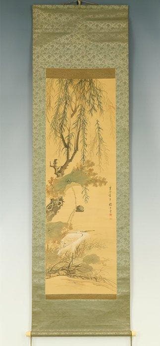 Heron and Lotus under Weeping Willow - Yamamoto Baiitsu