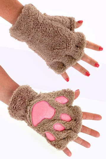 KIMU® Dierenpoot Vingerloze Handschoenen Lichtbruin Pluche V, Ophalen of Verzenden, Nieuw