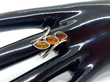 Vintage Unieke 3-Stenen Baltische Amber Statement Ring - 925