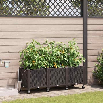 vidaXL Tuin Plantenbak met Irrigatie en Wielen 3 st Bruin PP, Verzenden