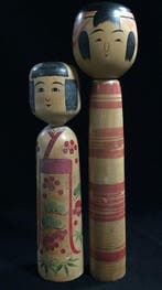 Set van 2 / Gesigneerd / Japanse vintage houten Kokeshi-pop