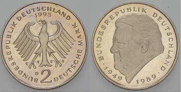 2 duitse Mark 1995 D 2 Mark Kursmunten Franz Joseph Strauß, Verzenden