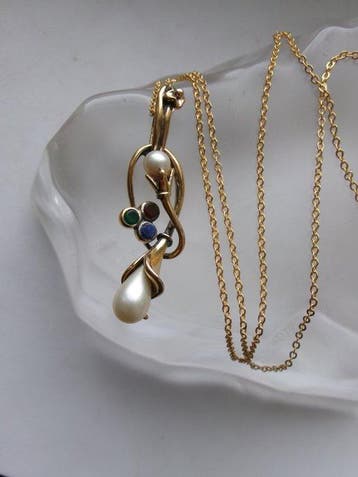 Zilver, Parel - Robijn - Saffier - Smaragd - Ketting met, Antiek en Kunst