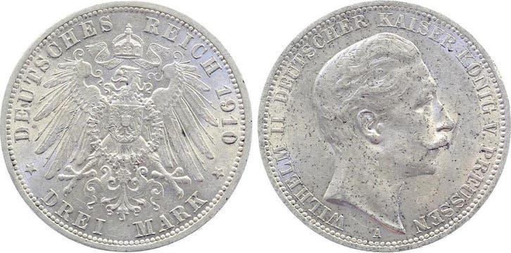 Duitsland 3 Mark Preussen Pruisen 1910 A vz/stgl minimale..., Timbres & Monnaies, Monnaies | Europe | Monnaies non-euro, Envoi