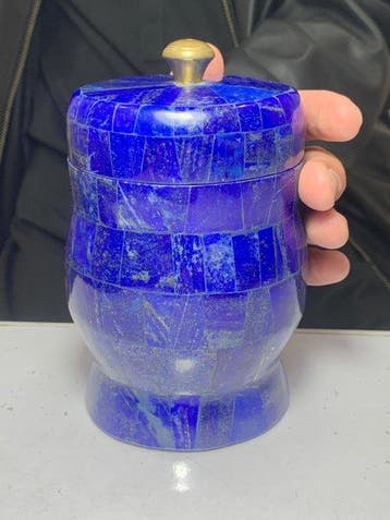 Lapis lazuli-mozaïek op marmer Snoeppot met deksel - Hoogte: