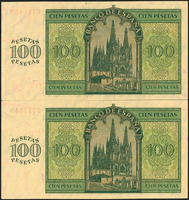 Spanje. - 2 x 100 Pesetas - 1936 - Consecutive - Pick 101, Timbres & Monnaies, Billets de banque | Europe | Billets non-euro