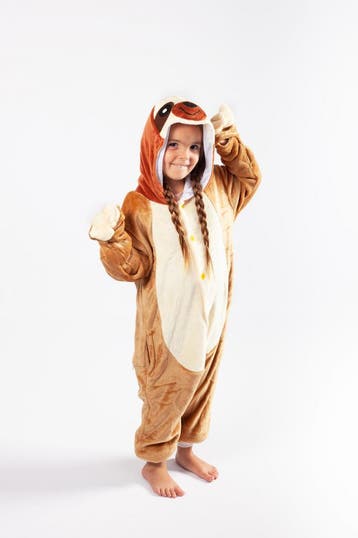 KIMU® Onesie Luiaard Pakje 110-116 Luiaardpak Kostuum Bruin, Ophalen of Verzenden, Nieuw