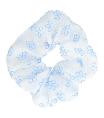 Haarelastiek Scrunchie – Bloemenprint – Dunne Stof – Blauw, Nieuw