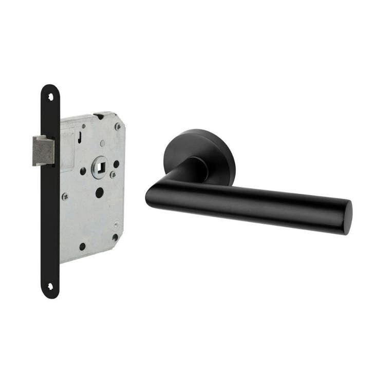 Deurbeslag set loopslot en deurklink Modern geveerd zwart..., Doe-het-zelf en Bouw, Hang- en Sluitwerk, Klink of Kruk, Nieuw, Overige materialen