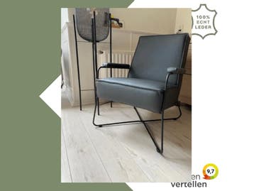 Groene leren fauteuil met stalen frame - Groen leer, Huis en Inrichting, Ophalen of Verzenden, Nieuw