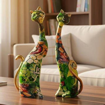 sculptuur, Pair of Abstract Cat Statues – Colourful Resin