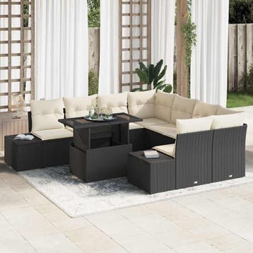 vidaXL Tuinbank Set 9 st Zwart en Crème poly rattan, Verzenden