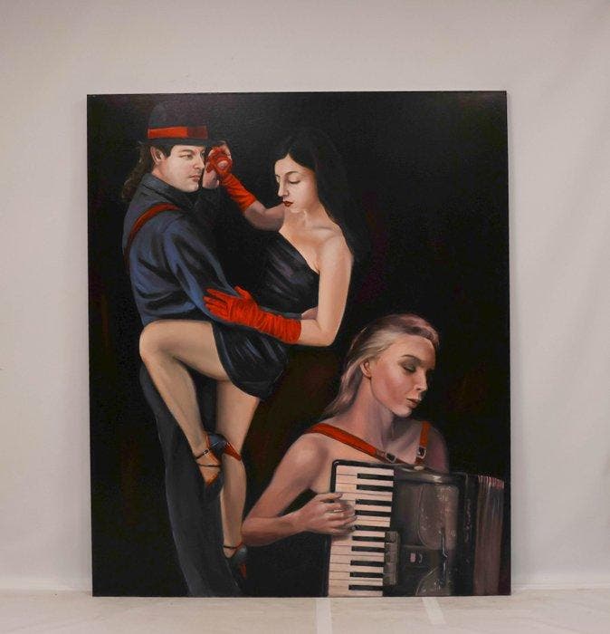 Louis Nagelkerke (1949) - Dancing couple with accordion, Antiquités & Art, Art | Peinture | Moderne
