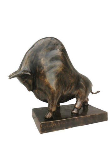 Statue, Beeld, Bizon op blok in brons - 18 cm - Brons - 18