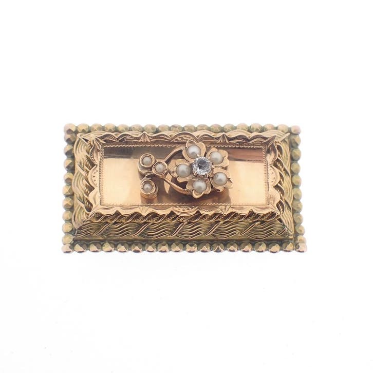 Antiek gouden broche met zirconia en parels., Handtassen en Accessoires, Broches, Goud, Gebruikt, Met edelsteen, Goud, Ophalen of Verzenden