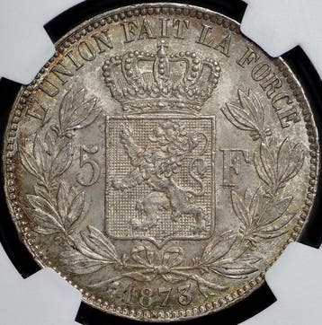 België. Leopold II. 5 Francs 1873 - MS 61 - TOP QUALITY !!!