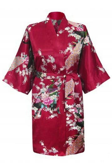 KIMU® Kimono Donkerrood Kort M-L Yukata Satijn Boven de Knie, Kleding | Dames, Ophalen of Verzenden, Nieuw