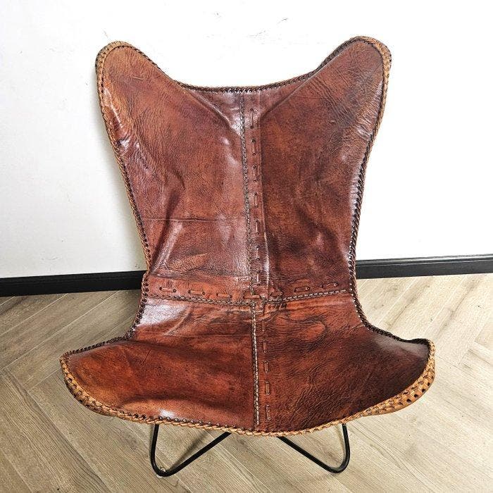 Stoel - Butterfly stoel (3107) - Leder, IJzer, Antiquités & Art, Curiosités & Brocante