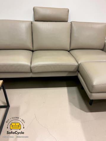 3-zit taupe in echt leder met poef – tweedehands, Verzenden, Nieuw