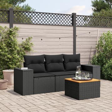 vidaXL 4-delige Loungeset met kussens poly rattan zwart, Verzenden, Loungeset