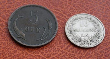 Denemarken. Set of 2 coins, incl. silver 16 Skilling, Gestempeld