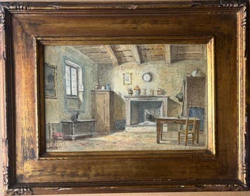 Arturo Ferrari (1861-1932) - Interno Rustico con Camino