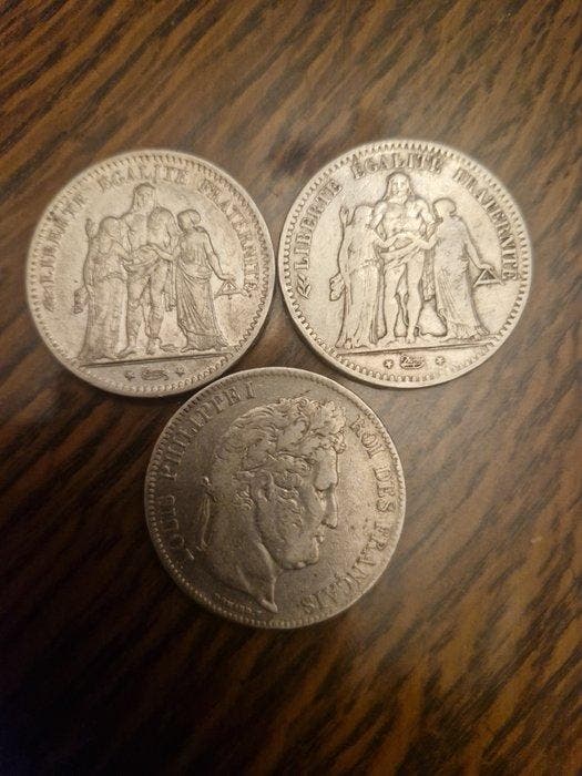 Frankrijk. 5 Francs 1832 à 1876 (lot de 3 monnaies en, Postzegels en Munten, Munten | Europa | Niet-Euromunten