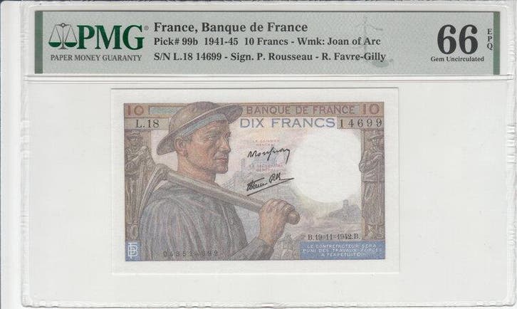 1942 France 10 Francs Pick 99b Pmg Gem Unc 66 Epq, Postzegels en Munten, Bankbiljetten | Europa | Niet-Eurobiljetten, België, Verzenden