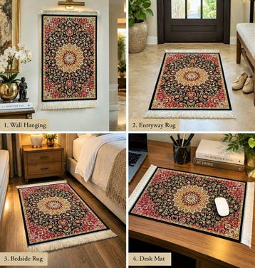 Zwart en rood luxe zijden tapijt / klein wandtapijt - met de, Nieuw