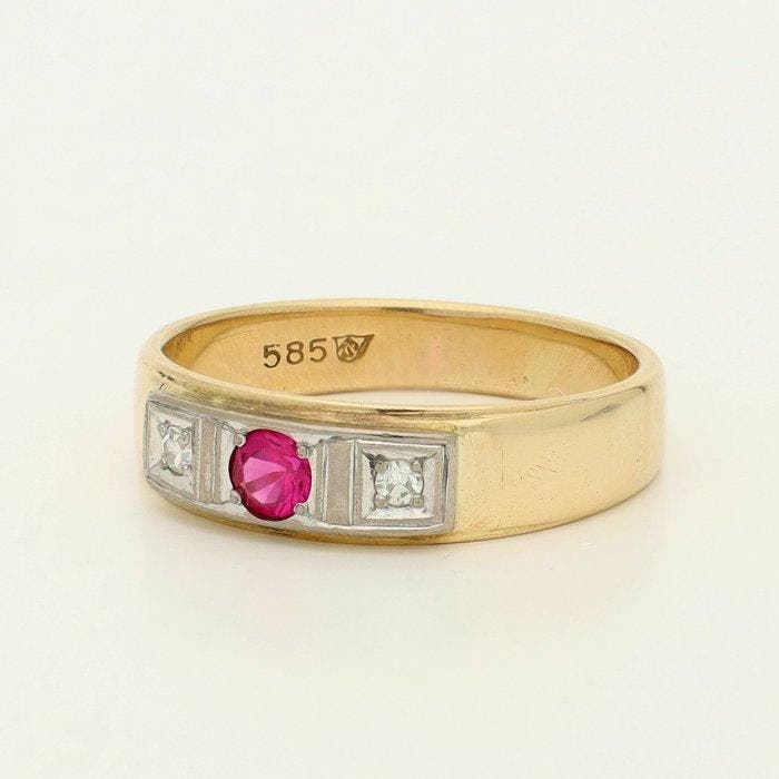 Bague - 14 carats Or jaune, Or blanc Rubis - Diamant, Handtassen en Accessoires, Ringen