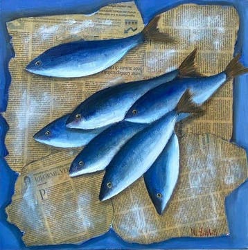 Monica Zambon - Una cascata di sardine (pesci su giornale)