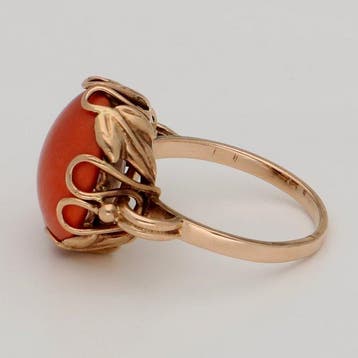 Bague - 14 carats Or jaune Corail rouge