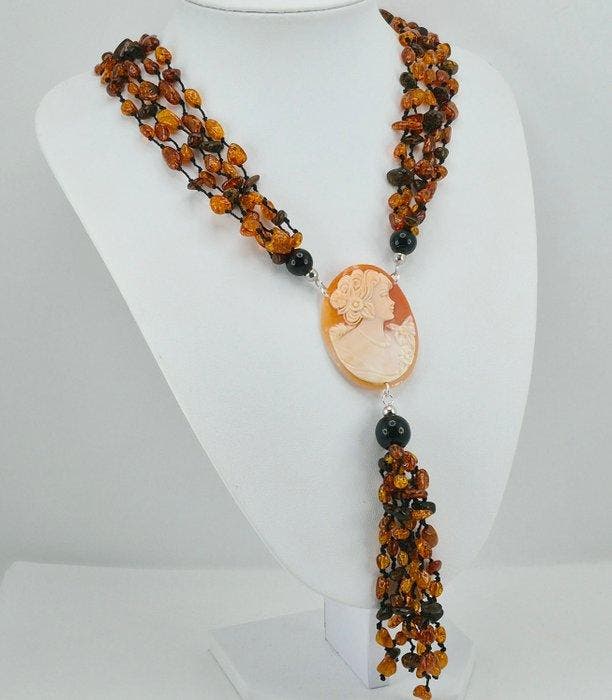 Argent - Collier - Ambre Baltique et Camée, Handtassen en Accessoires, Antieke sieraden